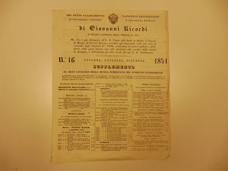 Di Giovanni Ricordi in Milano, contrada degli Omenoni, n° 1720, n. 16, ottobre, novembre, dicembre 1841. Supplemento al gran catalogo della musica pubblicata nel suddetto stabilimento